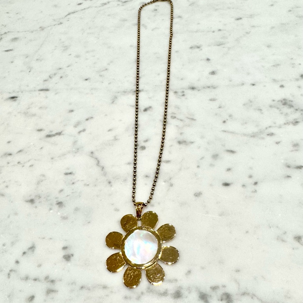 ASHA - Gold Floral Pendant Necklace with Iridescent Mother-of-Pearl Center - Picture 2 of 7